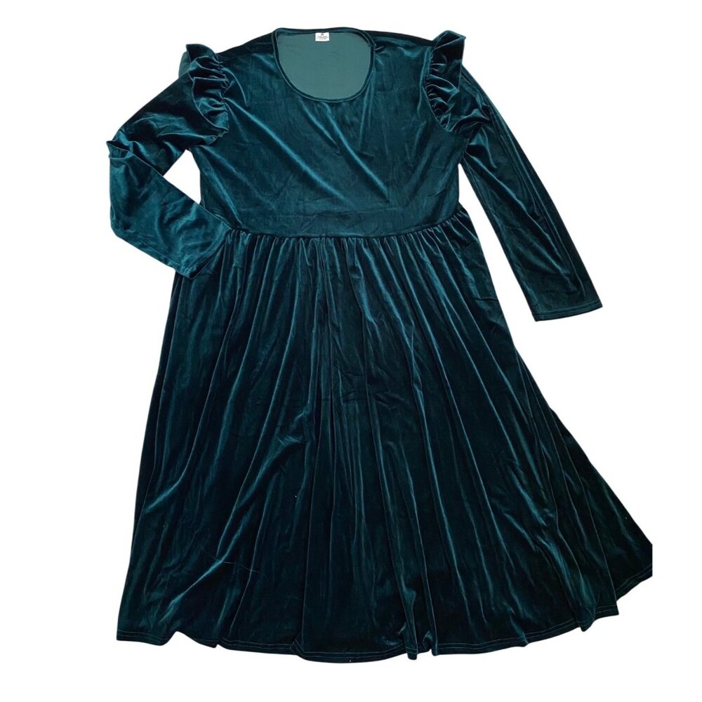 Womens Plus 2X Velvet Green‎ Maxi Dress W/ Ruffle Shoulders Long Sleeves Holiday